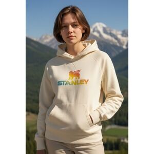 Stanley Hoodie Mens Small Cream Rainbow Logo Winged Bear Sweatshirt Rare NWOT‎
